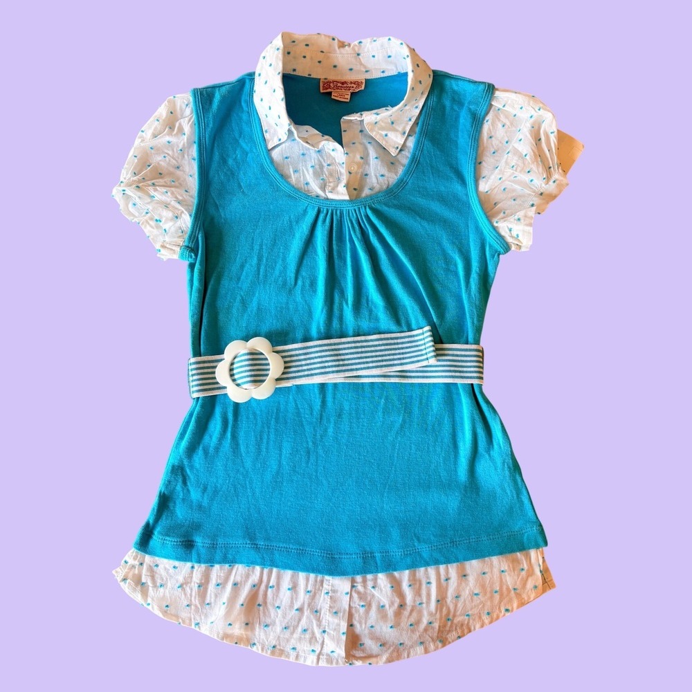 Y2K Beautees Blue Layered Look Top Polka Dot Puff Sleeve Flower Belt Scene #17